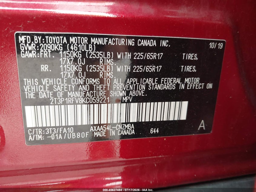 2019 Toyota Rav 4 VIN 2T3P1RFV8KC059221 IAAI salvage auction — RIGHT FRONT, Salvage (Pennsylvania), sold $8,800 on 2026-07-31 (photo 9)
