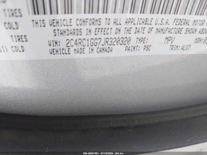 2018 Chrysler Pacifica VIN 2C4RC1GG7JR320320 IAAI salvage auction — NORMAL WEAR, Salvage Title, sold $3,300 on 2026-07-18 (photo 9)