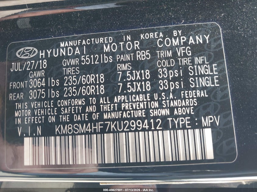 2019 Hyundai Santa fe VIN KM8SM4HF7KU299412 IAAI salvage auction — NORMAL WEAR, Clear - Dealer Only (California), sold $3,550 on 2026-08-01 (photo 9)
