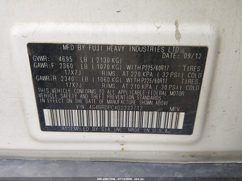 2013 Subaru Outback VIN 4S4BRDPC4D2232712 IAAI salvage auction — NORMAL WEAR, Salvage Title, sold $25 on 2026-07-24 (photo 9)
