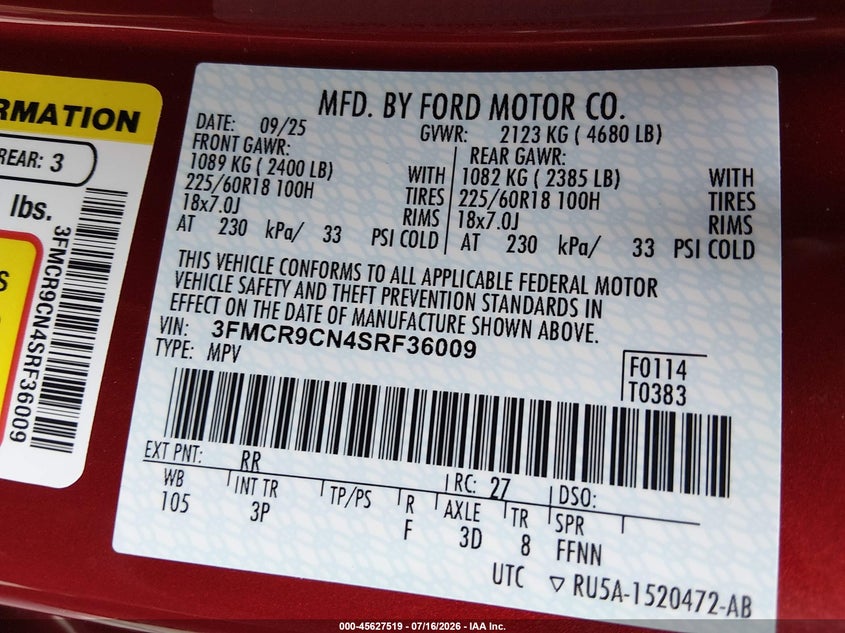 2025 Ford Bronco sport VIN 3FMCR9CN4SRF36009 IAAI salvage auction — LEFT FRONT, Wait Title, sold $8,900 on 2026-08-19 (photo 9)