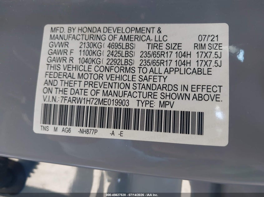 2021 Honda Cr-v VIN 7FARW1H72ME019903 IAAI salvage auction — FRONT END, Salvage (California), sold $7,100 on 2026-07-23 (photo 9)