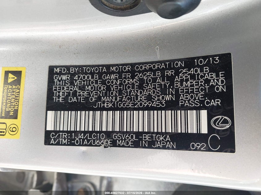 2014 Lexus ES VIN JTHBK1GG5E2099453 IAAI salvage auction — FRONT & REAR, Salvage (North Carolina), sold $2,450 on 2026-08-02 (photo 9)