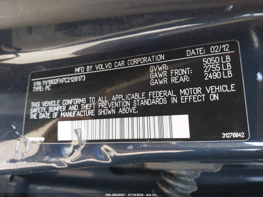 2012 Volvo S60 VIN YV1902FH7C2128173 IAAI salvage auction — NORMAL WEAR, Clear (Massachusetts), sold $850 on 2026-07-31 (photo 9)
