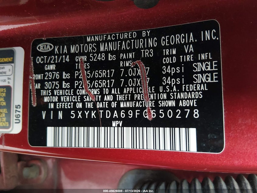 2015 Kia Sorento VIN 5XYKTDA69FG650278 IAAI salvage auction — NORMAL WEAR, Salvage Title, sold $800 on 2026-07-20 (photo 9)