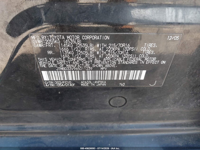 2006 Toyota Rav4 VIN JTMBD33V965011239 IAAI salvage auction — REAR END, Clear (Virginia), sold $1,250 on 2026-07-24 (photo 9)