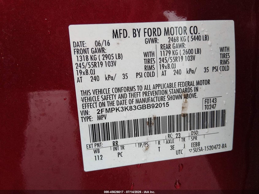 2016 Ford Edge VIN 2FMPK3K83GBB92015 IAAI salvage auction — FRONT END, Salvage (Louisiana), sold $3,050 on 2026-07-26 (photo 9)