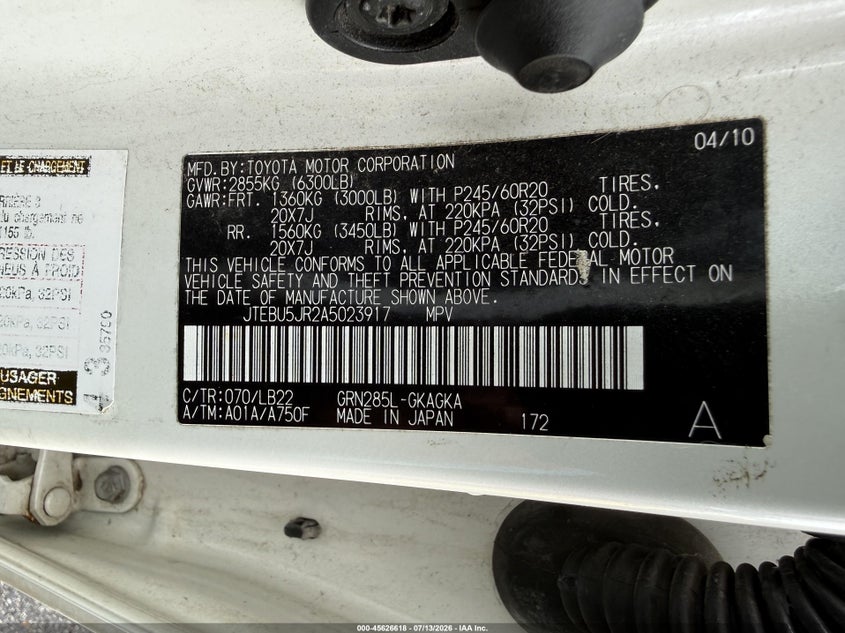 2010 Toyota 4runner VIN JTEBU5JR2A5023917 IAAI salvage auction — NORMAL WEAR, Clear (Indiana), sold $9,100 on 2026-07-29 (photo 9)