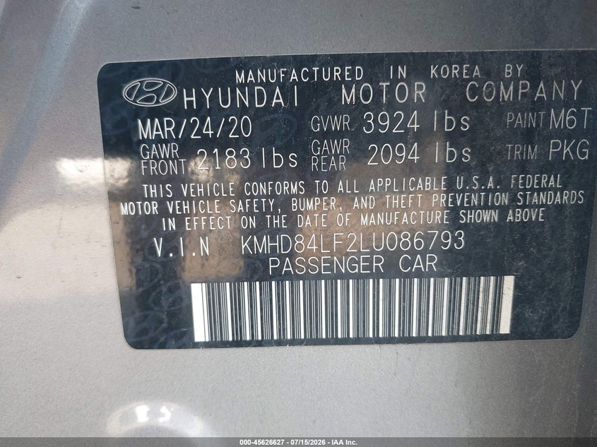 2020 Hyundai Elantra VIN KMHD84LF2LU086793 IAAI salvage auction — RIGHT REAR, Salvage Title, sold $2,000 on 2026-07-24 (photo 9)