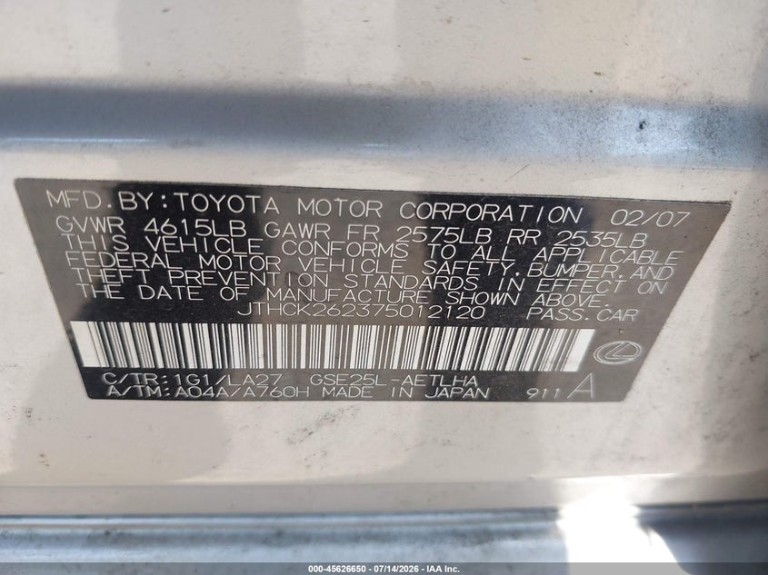 2007 Lexus Is 250 VIN JTHCK262375012120 IAAI salvage auction — NORMAL WEAR, Clear (Virginia), sold $425 on 2026-07-22 (photo 9)