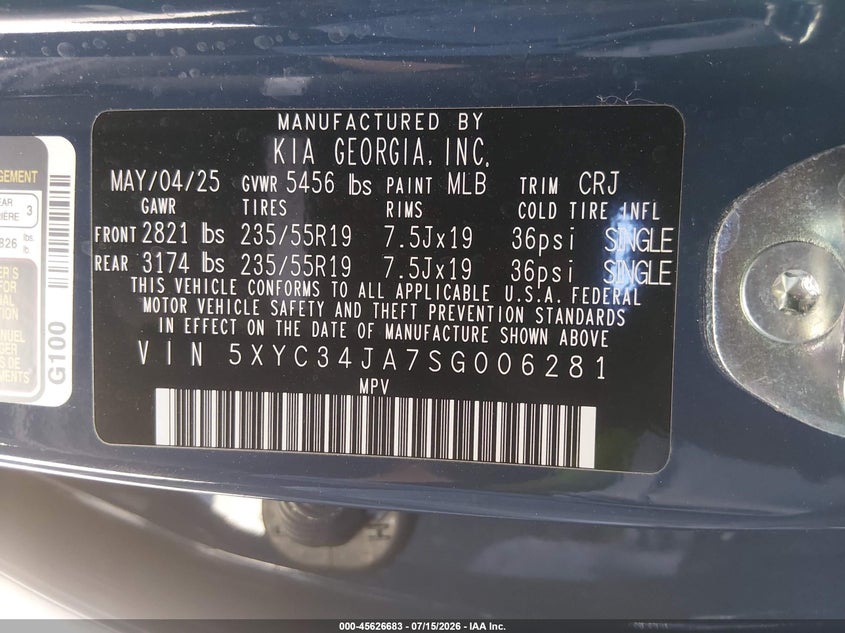 2025 Kia Ev6 VIN 5XYC34JA7SG006281 IAAI salvage auction — RIGHT SIDE, Salvage (California), sold $12,475 on 2026-09-02 (photo 9)
