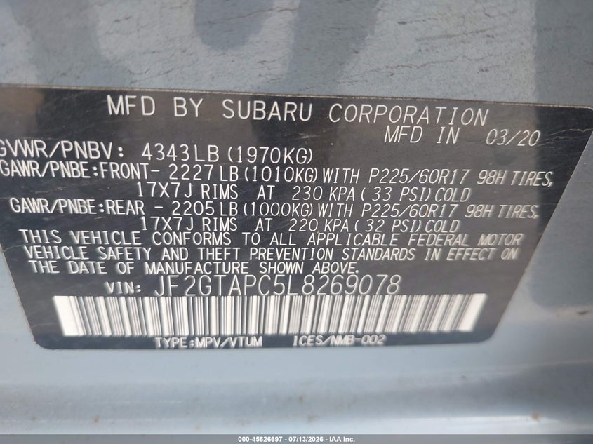 2020 Subaru VIN JF2GTAPC5L8269078 IAAI salvage auction — NORMAL WEAR, Salvage Title, sold $2,900 on 2026-07-30 (photo 9)