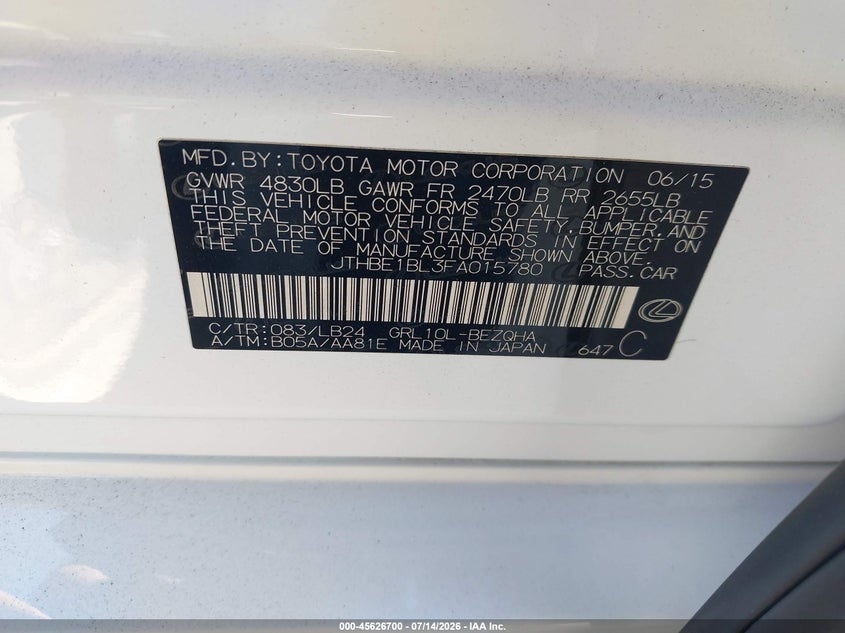 2015 Lexus Gs VIN JTHBE1BL3FA015780 IAAI salvage auction — THEFT, Salvage (California), sold $7,000 on 2026-07-30 (photo 9)