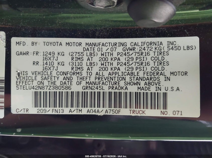 2007 Toyota Tacoma VIN 5TELU42N87Z380586 IAAI salvage auction — NORMAL WEAR, Clear (New Jersey), sold $2,575 on 2026-07-28 (photo 9)