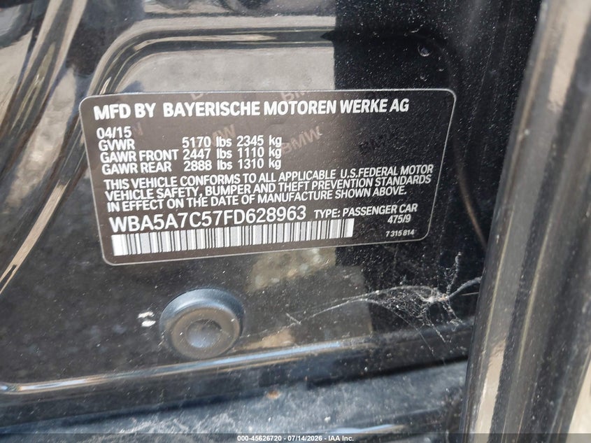 2015 BMW 5er VIN WBA5A7C57FD628963 IAAI salvage auction — REAR END, Mv-907A (New York), sold $775 on 2026-07-28 (photo 9)