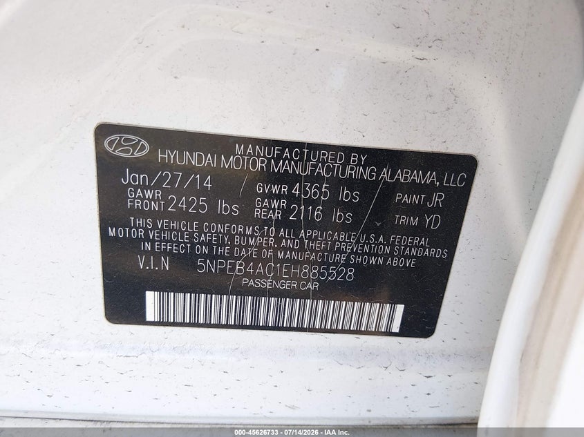 2014 Hyundai Sonata VIN 5NPEB4AC1EH885528 IAAI salvage auction — LEFT FRONT, Rebuildable (Florida), sold $525 on 2026-08-01 (photo 9)
