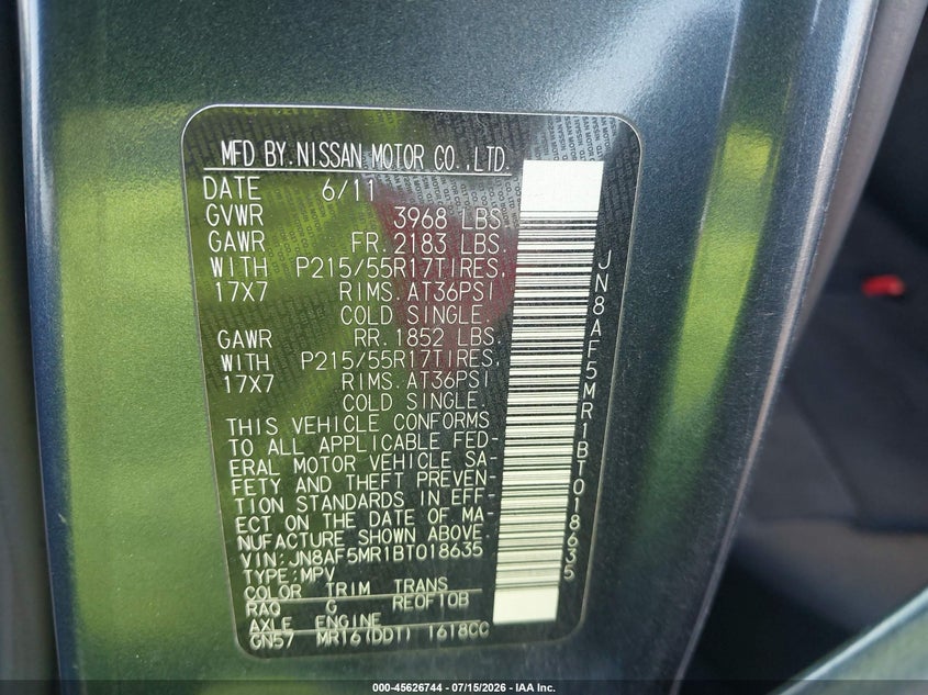 2011 Nissan Juke VIN JN8AF5MR1BT018635 IAAI salvage auction — NORMAL WEAR, Clear (Oklahoma), sold $50 on 2026-07-28 (photo 9)