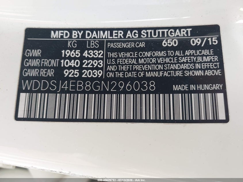 2016 Mercedes-benz VIN WDDSJ4EB8GN296038 IAAI salvage auction — NORMAL WEAR, Salvage Title, sold $1,500 on 2026-07-29 (photo 9)