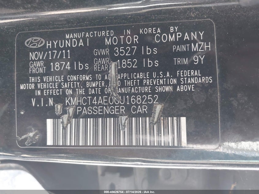 2012 Hyundai Accent VIN KMHCT4AE0CU168252 IAAI salvage auction — NORMAL WEAR, Clear (Arkansas), sold $625 on 2026-07-29 (photo 9)