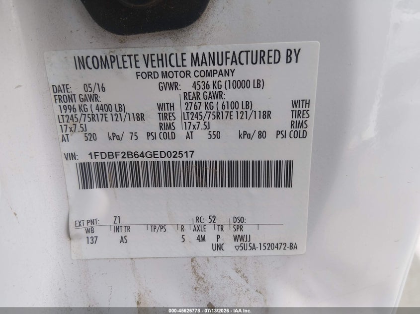 2016 Ford F-250 VIN 1FDBF2B64GED02517 IAAI salvage auction — SIDE, SF97 (California), sold $25,200 on 2026-08-27 (photo 9)
