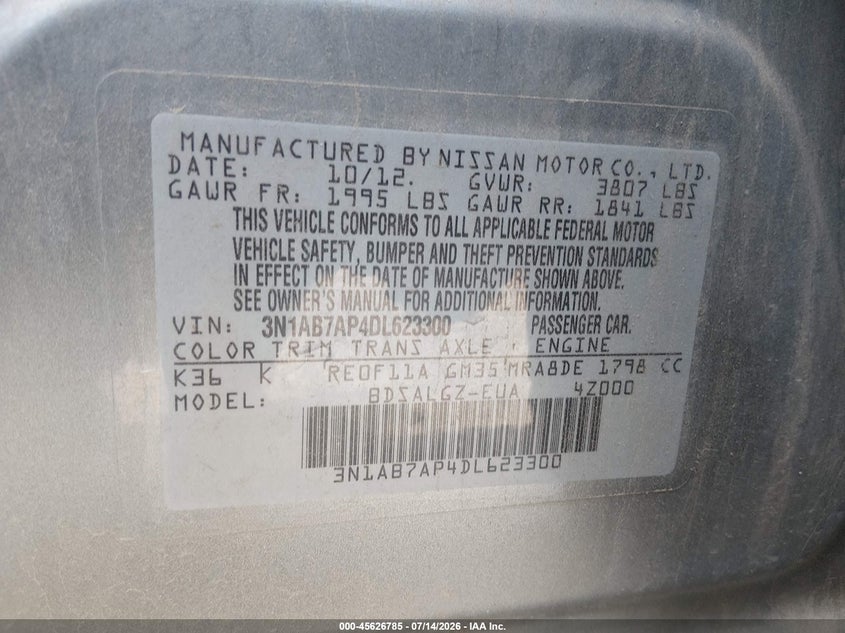 2013 Nissan Sentra VIN 3N1AB7AP4DL623300 IAAI salvage auction — NORMAL WEAR, Salvage Title, sold $300 on 2026-07-17 (photo 9)