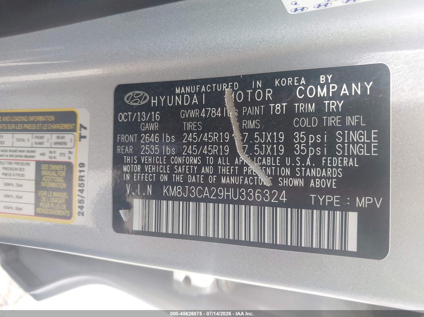 2017 Hyundai Tucson VIN KM8J3CA29HU336324 IAAI salvage auction — NORMAL WEAR, Salvage Title, sold $3,600 on 2026-07-23 (photo 9)