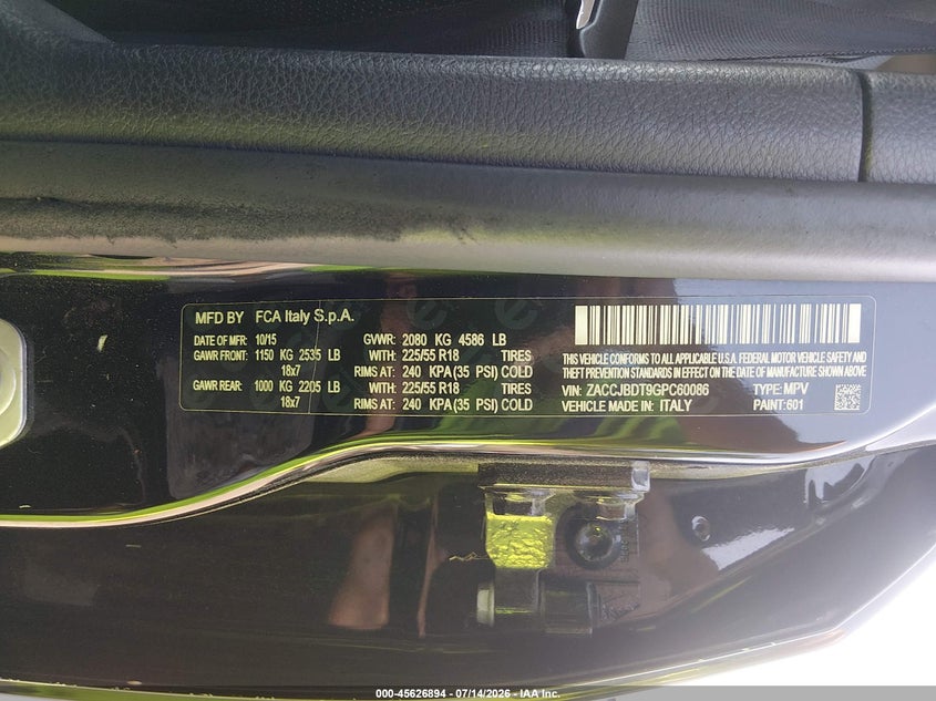 2016 Jeep Renegade VIN ZACCJBDT9GPC60086 IAAI salvage auction — NORMAL WEAR, Clear (Maryland), sold $25 on 2026-08-08 (photo 9)