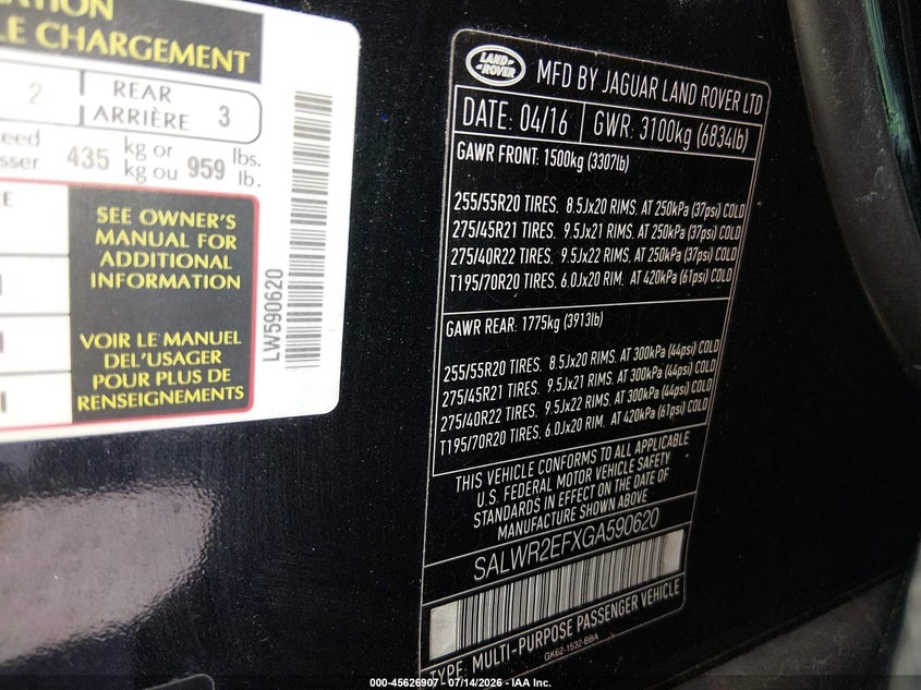 2016 Land rover Range rover sport VIN SALWR2EFXGA590620 IAAI salvage auction — NORMAL WEAR, Clear (Washington), sold $2,850 on 2026-07-29 (photo 9)