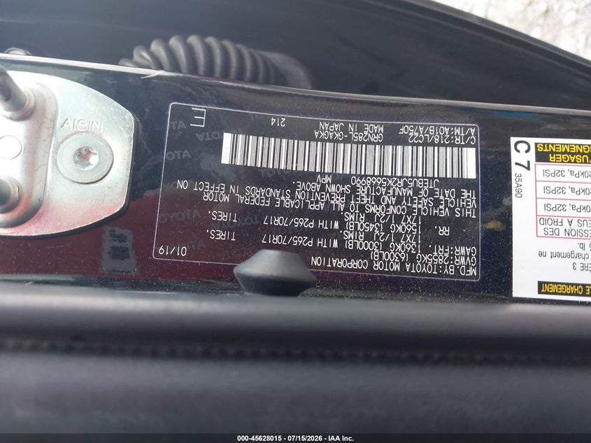 2019 Toyota 4runner VIN JTEBU5JR2K5668990 IAAI salvage auction — FRONT & REAR, Salvage Title, sold $9,400 on 2026-07-30 (photo 9)