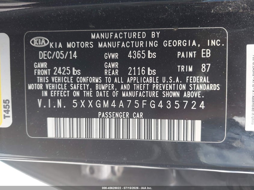 2015 Kia Optima VIN 5XXGM4A75FG435724 IAAI salvage auction — LEFT FRONT, Salvage Title, sold $600 on 2026-09-02 (photo 9)