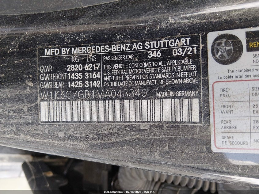 2021 Mercedes-benz S-klasse VIN W1K6G7GB1MA043340 IAAI salvage auction — ALL OVER, Salvage (Texas), sold $1,150 on 2026-07-29 (photo 9)