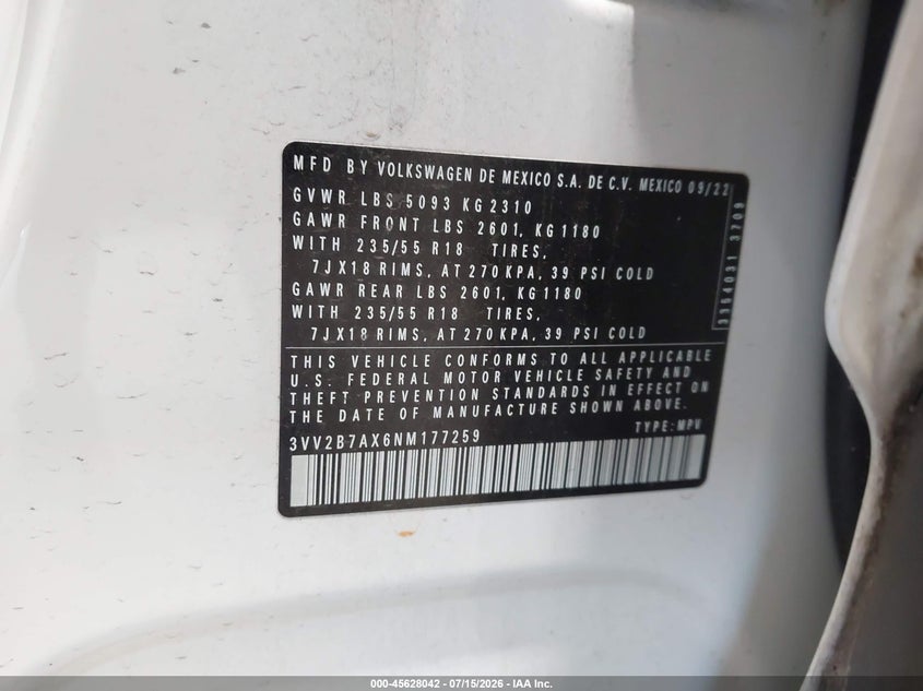 2022 Volkswagen Tiguan VIN 3VV2B7AX6NM177259 IAAI salvage auction — FRONT END, Salvage (North Carolina), sold $8,000 on 2026-08-20 (photo 9)