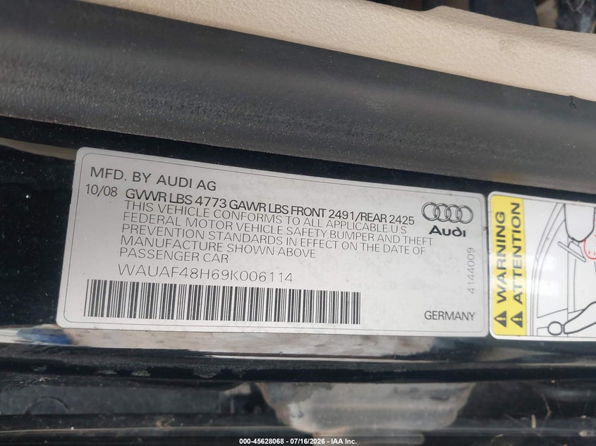 2009 Audi A4 VIN WAUAF48H69K006114 IAAI salvage auction — NORMAL WEAR, Original (Texas), sold $225 on 2026-07-30 (photo 9)