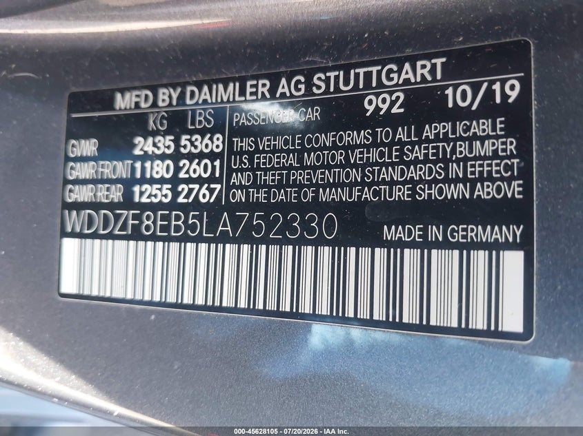 2020 Mercedes-benz E-klasse VIN WDDZF8EB5LA752330 IAAI salvage auction — FRONT END, Salvage (Pennsylvania), sold $11,300 on 2026-08-07 (photo 9)