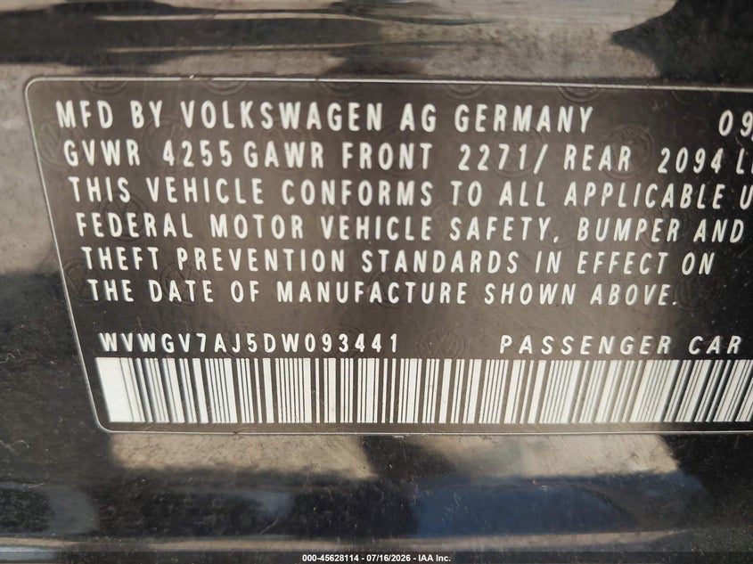 2013 Volkswagen Gti VIN WVWGV7AJ5DW093441 IAAI salvage auction — NORMAL WEAR, Wait Title, sold $1,950 on 2026-08-05 (photo 9)