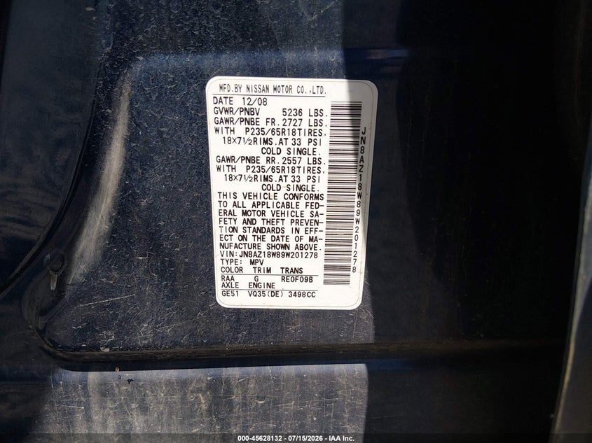 2009 Nissan Murano VIN JN8AZ18W89W201278 IAAI salvage auction — NORMAL WEAR, Clear - Public Restricted (Oregon), sold $200 on 2026-07-20 (photo 9)