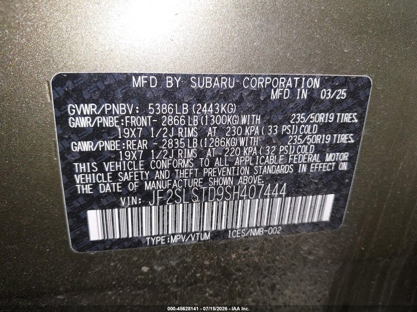 2025 Subaru Forester VIN JF2SLSTD9SH407444 IAAI salvage auction — LEFT FRONT, Salvage Title, sold $13,800 on 2026-07-26 (photo 9)
