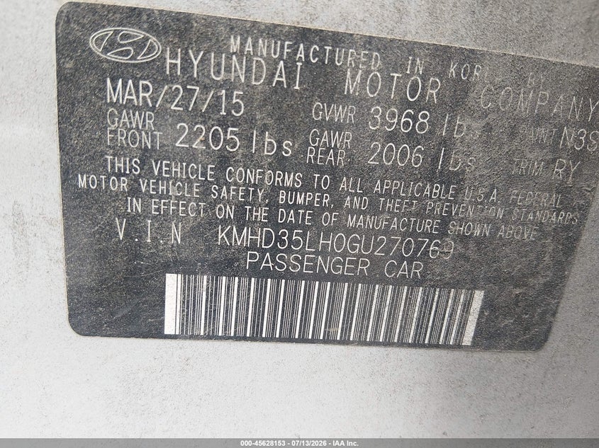 2016 Hyundai Elantra VIN KMHD35LH0GU270769 IAAI salvage auction — NORMAL WEAR, Salvage Title, sold $1,825 on 2026-07-29 (photo 9)