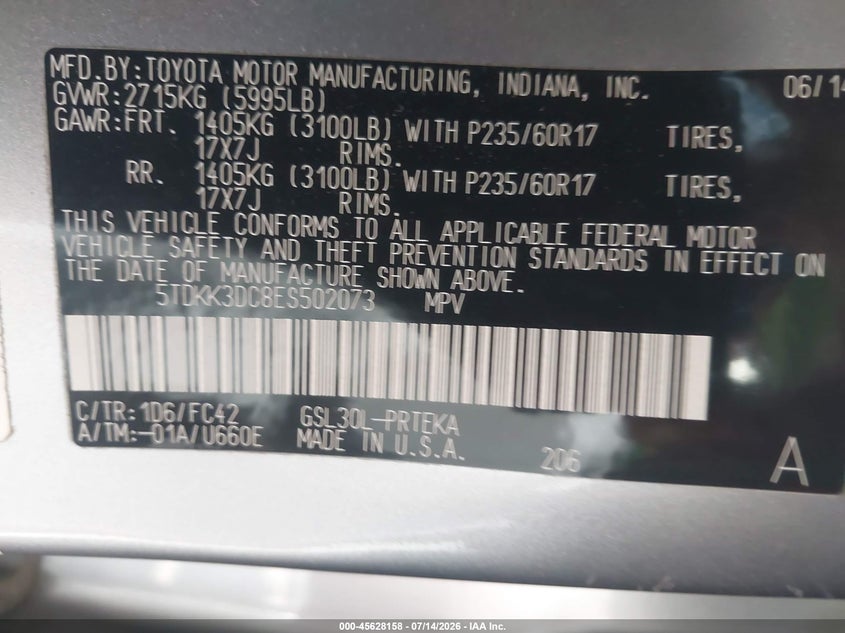 2014 Toyota Sienna VIN 5TDKK3DC8ES502073 IAAI salvage auction — RIGHT FRONT, Salvage Title, sold $2,350 on 2026-07-27 (photo 9)