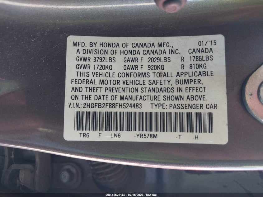 2015 Honda Civic VIN 2HGFB2F88FH524483 IAAI salvage auction — FRONT END, Salvage (California), sold $1,350 on 2026-07-30 (photo 9)