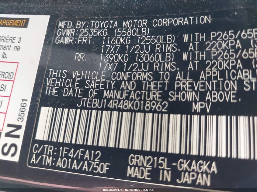 2008 Toyota 4runner VIN JTEBU14R48K018962 IAAI salvage auction — NORMAL WEAR, Original (Texas), sold $3,050 on 2026-07-29 (photo 9)