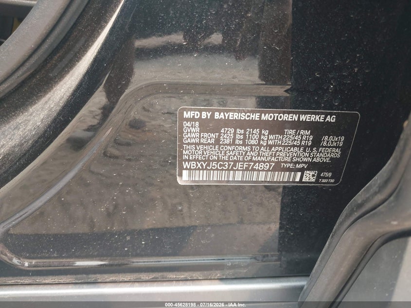 2018 BMW X2 VIN WBXYJ5C37JEF74897 IAAI salvage auction — UNKNOWN, Clear (Wisconsin), sold $6,400 on 2026-07-30 (photo 9)
