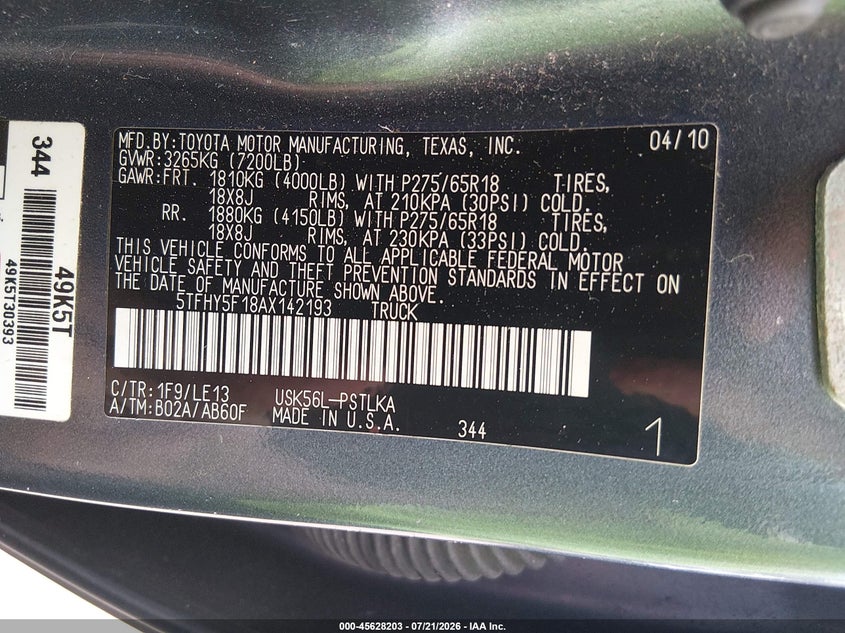 2010 Toyota Tundra VIN 5TFHY5F18AX142193 IAAI salvage auction — NORMAL WEAR, Original (New Hampshire), sold $3,825 on 2026-07-29 (photo 9)