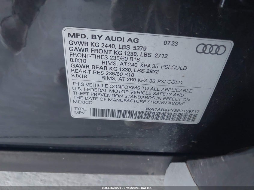 2023 Audi Q5 VIN WA1ABAFY8P2189717 IAAI salvage auction — FRONT END, Salvage Title, sold $13,300 on 2026-07-28 (photo 9)