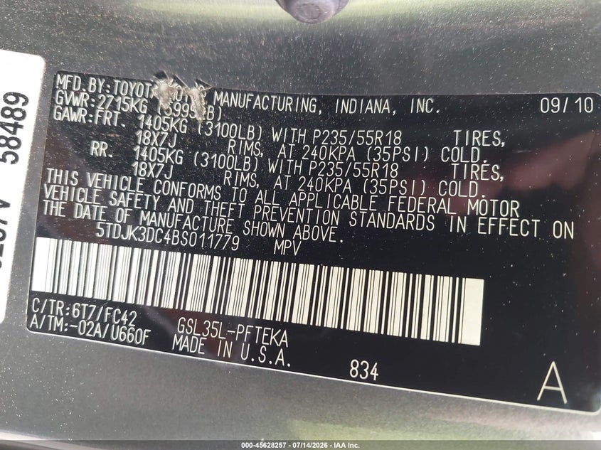 2011 Toyota Sienna VIN 5TDJK3DC4BS011779 IAAI salvage auction — NORMAL WEAR, Original (Maine), sold $1,850 on 2026-07-30 (photo 9)