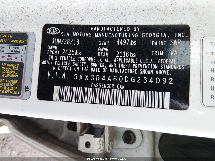 2013 Kia Optima VIN 5XXGR4A60DG234092 IAAI salvage auction — LEFT REAR, Clear (Washington), sold $375 on 2026-07-29 (photo 9)