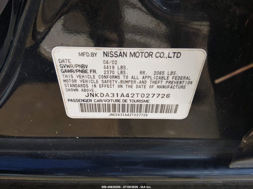 2002 Infiniti I35 VIN JNKDA31A42T027726 IAAI salvage auction — NORMAL WEAR, Original (Texas), sold $350 on 2026-07-31 (photo 9)