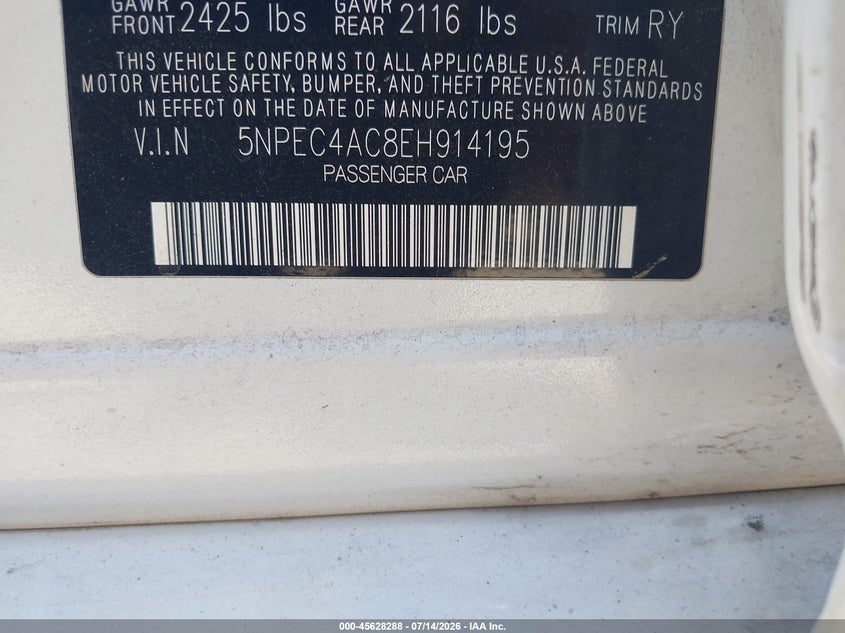 2014 Hyundai Sonata VIN 5NPEC4AC8EH914195 IAAI salvage auction — RIGHT FRONT, Salvage Title, sold $1,000 on 2026-07-27 (photo 9)