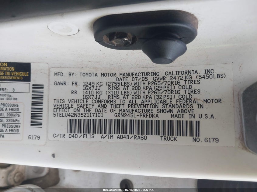 2005 Toyota Tacoma VIN 5TELU42N35Z117161 IAAI salvage auction — NORMAL WEAR, Clear (South Carolina), sold $2,200 on 2026-07-21 (photo 9)