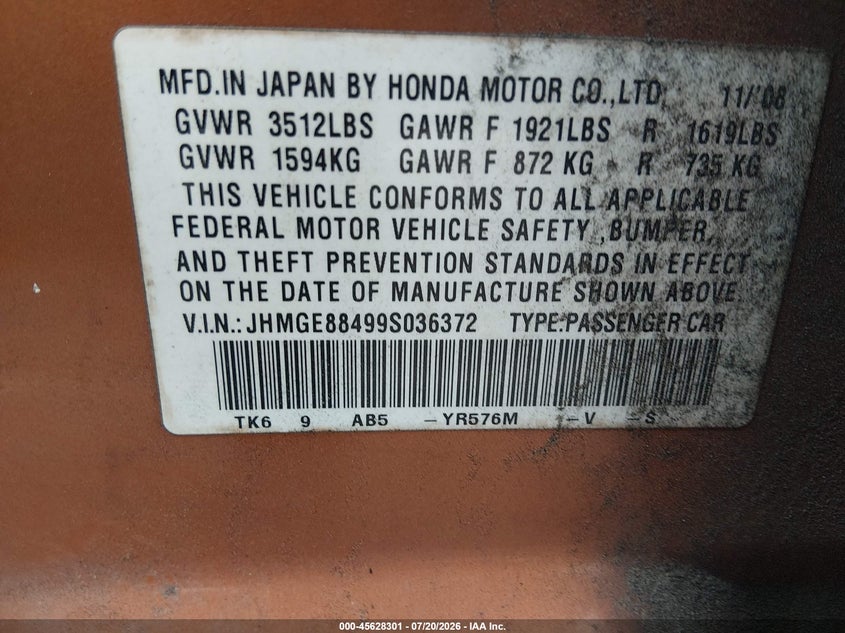 2009 Honda Fit VIN JHMGE88499S036372 IAAI salvage auction — NORMAL WEAR, Clear (North Carolina), sold $1,250 on 2026-07-29 (photo 9)